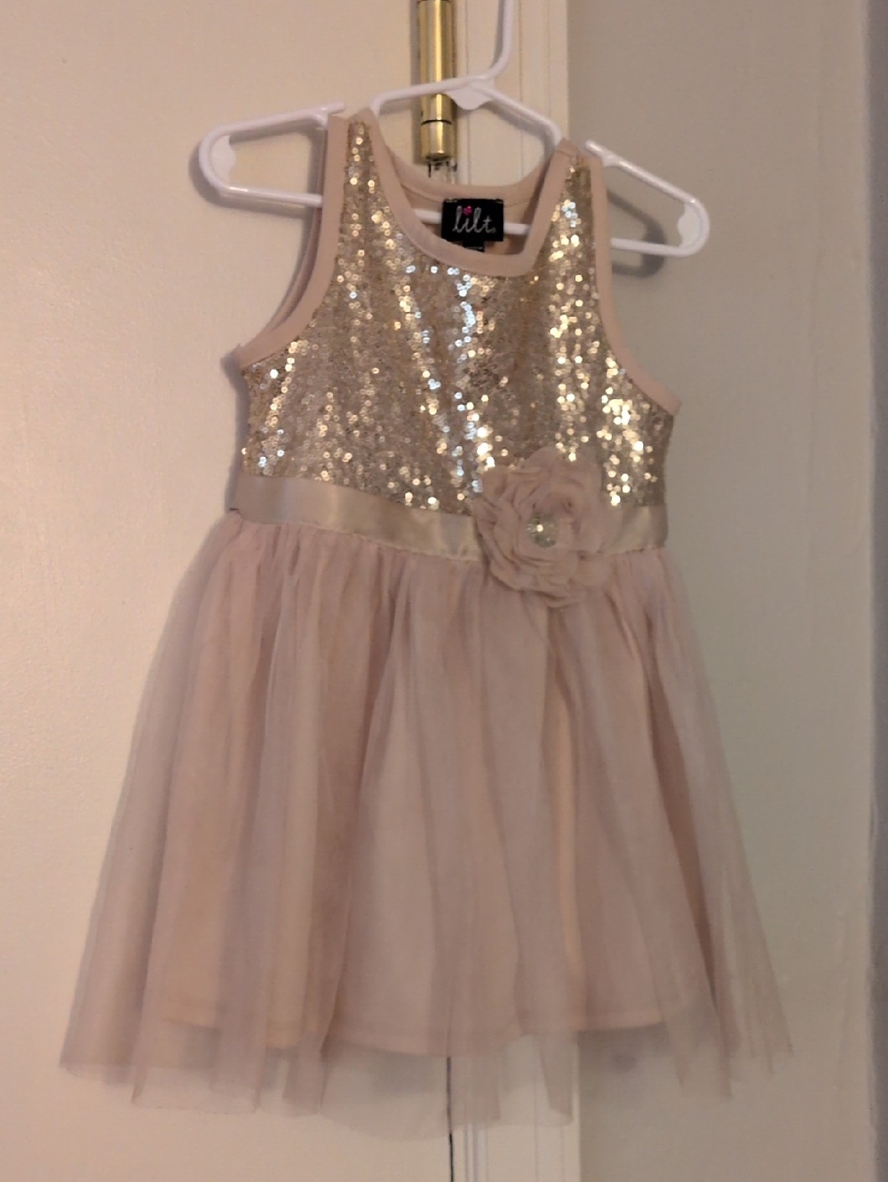 lilt Pink Champagne Sequin Tulle Dress with Floral‎ Sash